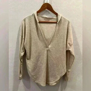 HONEY PUNCH Womens Beige Pullover V-neck Hooded Longsleeve Oversize Shirt Small